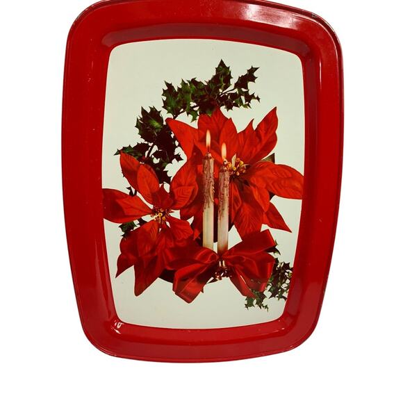 Vintage Holiday Christmas Metal Serving Tray 15 x 11 Inch Poinsettia Candle - Picture 3 of 8